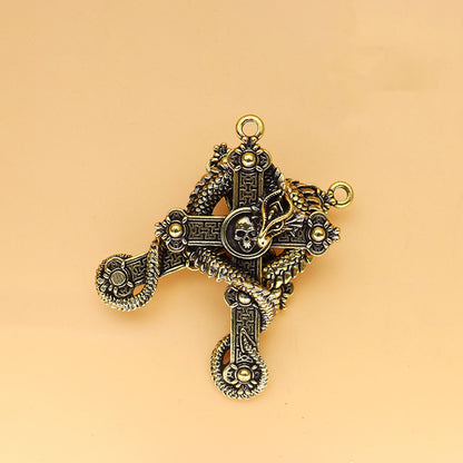 Vintage Brass Cross Dragon & Skull Pendant, Retro Coiled Dragon Skeleton Charm, Antique Brass Keychain or Pendant, Gothic Jewelry Decor