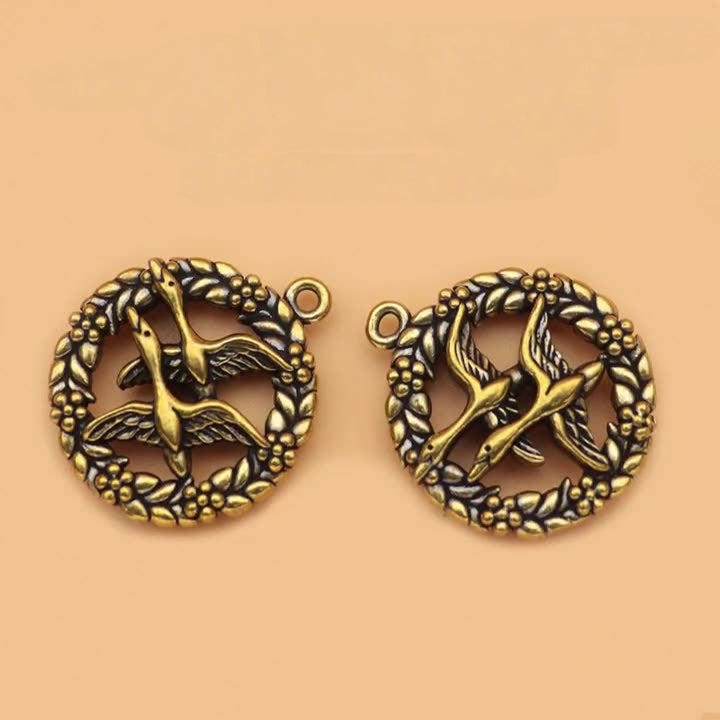 Vintage Brass Double Swallow Pendant - Handmade Retro Bird Charm for Necklaces, Timeless Jewelry Making