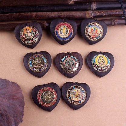 Heart-Shaped Yellow Jambhala Buddha Pendant - Tibetan Nepalese Thangka Wealth Eye Peace Token