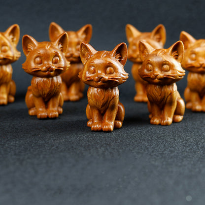 Artisan Crafted Green Sandalwood Cat Statue - Hand Carved Wooden Cat Figurine for Shelf Decor