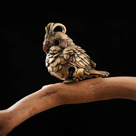 Vintage Brass Parrot Bell Pendant, Retro Bird Jingle Charm, Solid Brass Hanging Ornament, Handmade Lucky Talisman, Decorative Bird Accessory