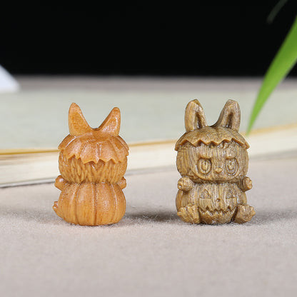 Green Sandalwood Pumpkin LABUBU Charm, 21x13x12mm Carved Wood Through-hole Spacer, Natural Wooden Charm for DIY Jewelry Making