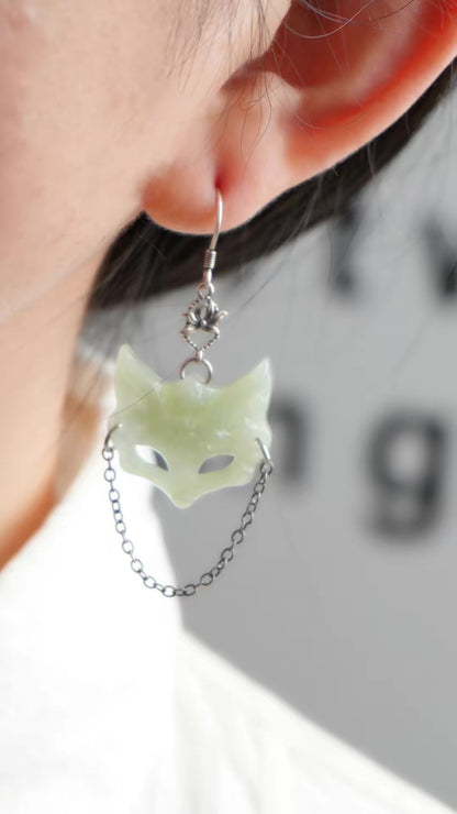 Natural Xiuyu Jade Fox Mask Earrings, S925 Sterling Silver Dangle Earrings, Handcrafted Jade Jewelry, Unique Chinese Mythical Animal Gift for Women