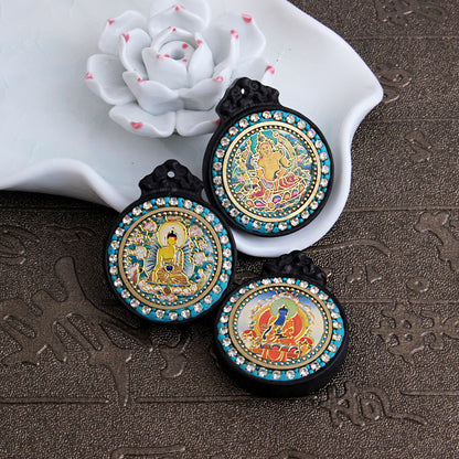 Nepalese Elephant Lotus Buddha Pendant - Round Black Sandalwood Thousand-Handed Guanyin Protection Token