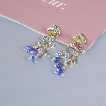 Rain Cloud Earrings, Celestial Dangle Earrings, Purple Czech Glass Crystal Rain Drop Earrings, Sky Inspired Jewelry, Teardrop Tassel Earrings for Women