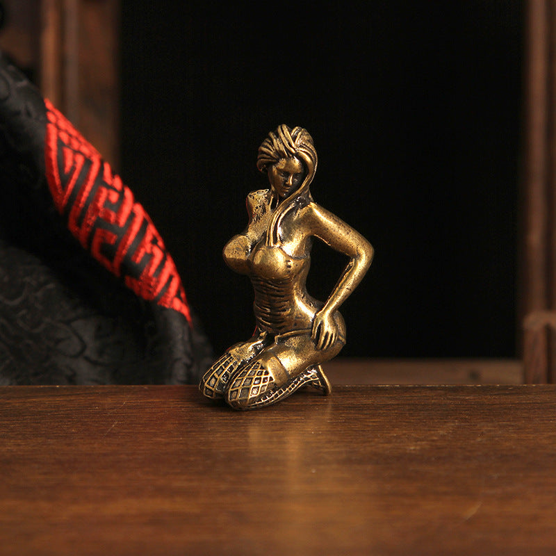 Retro Brass Sexy Lady Ornament - Unique Black Silk Beauty Statue, Fun Home Copper Craft Decoration