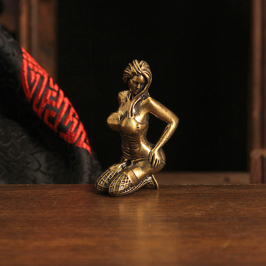 Retro Brass Sexy Lady Ornament - Unique Black Silk Beauty Statue, Fun Home Copper Craft Decoration