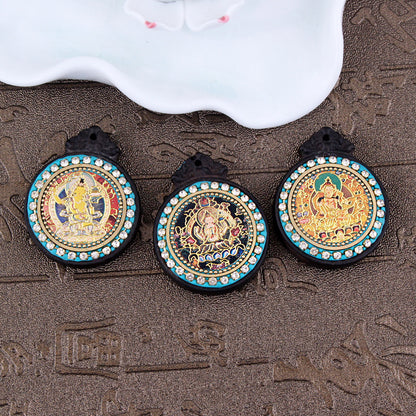Nepalese Elephant Lotus Buddha Pendant - Round Black Sandalwood Thousand-Handed Guanyin Protection Token