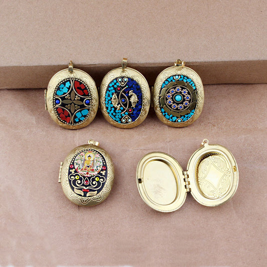 Nepali Buddha Inlay Craft Brass Gau Pendant - Handmade Buddhist Sacred Locket Jewelry