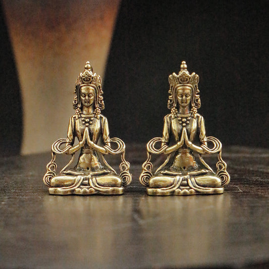 Vintage Brass Mini Manjushri & Guanyin Figurine - Serene Buddha Statue for Office Desk & Home Decor