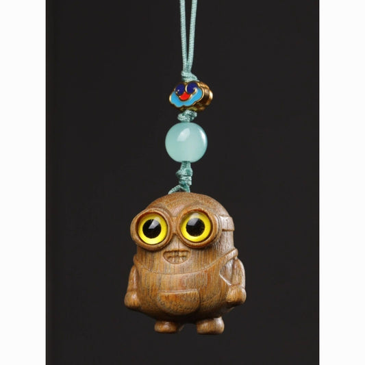 Hand Carved Green Sandalwood Minion Keychain, Wooden Cartoon Pendant, Handmade Wood Keychain, Funny Gift, Cute Character Charm