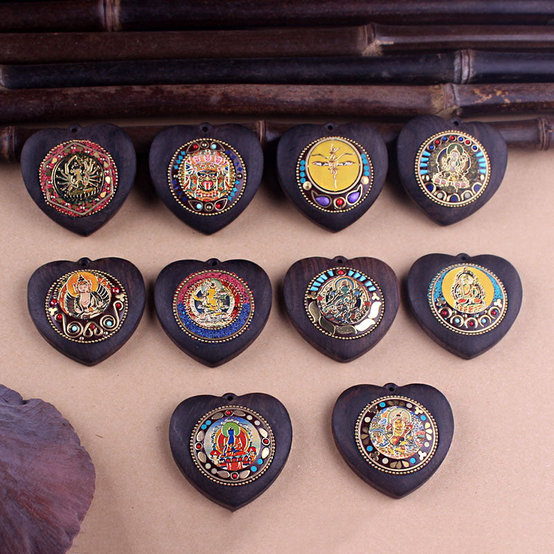 Heart-Shaped Yellow Jambhala Buddha Pendant - Tibetan Nepalese Thangka Wealth Eye Peace Token