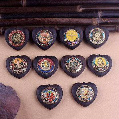 Heart-Shaped Yellow Jambhala Buddha Pendant - Tibetan Nepalese Thangka Wealth Eye Peace Token