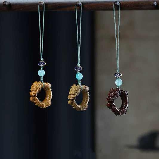 Hand Carved Green Sandalwood Dragon Ring Keychain, Wooden Dragon Pendant, Handmade Wood Keychain, Lucky Totem Phone Charm, Gift for Him