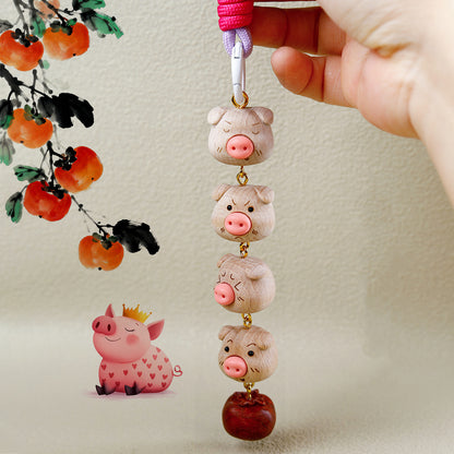 Wood Cute Cartoon Pig Wooden Keychain, Lucky Charm Bag Pendant, Creative Car Hanging Ornament, Friendship Gift for Girls