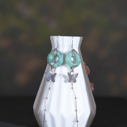Myanmar Donut Jadeite Earring, S925 Butterfly Earring, Retro Tassels Earring, Gift for Her