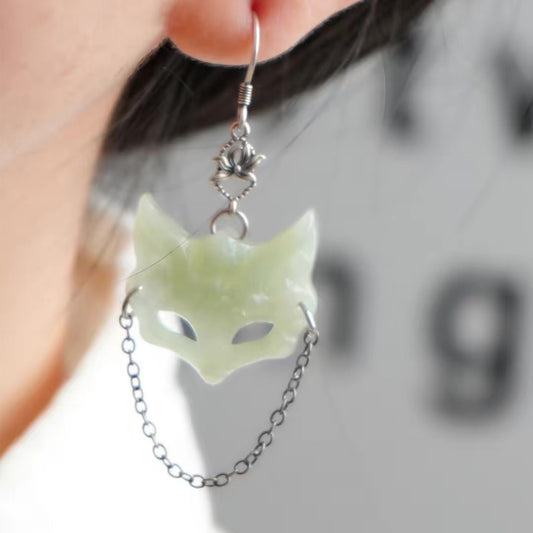 Natural Xiuyu Jade Fox Mask Earrings, S925 Sterling Silver Dangle Earrings, Handcrafted Jade Jewelry, Unique Chinese Mythical Animal Gift for Women