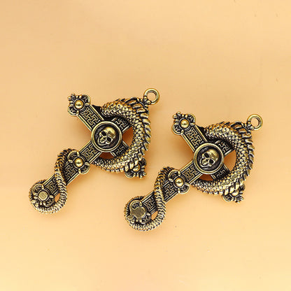Vintage Brass Cross Dragon & Skull Pendant, Retro Coiled Dragon Skeleton Charm, Antique Brass Keychain or Pendant, Gothic Jewelry Decor