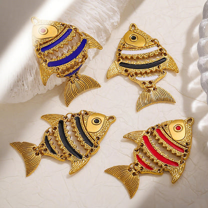 Moving Fish Design Gold-Plated Hollow Stainless Steel Pendants, Enameled Ocean Fish Series Charms for Necklace Making, Handmade Jewelry Accessories