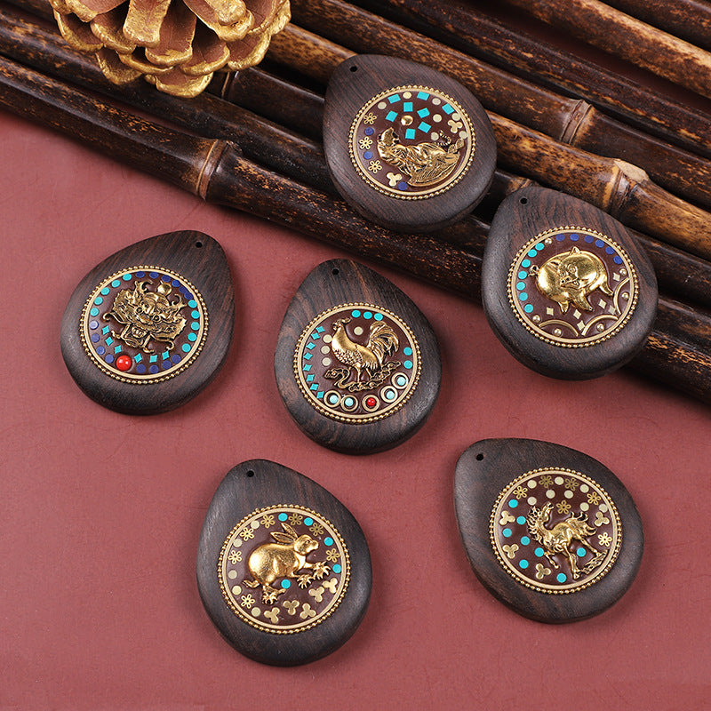Handmade Black Sandalwood Zodiac Pendant - Nepalese Thangka Water Drop Design - Ethnic Necklace & Keychain Accessory