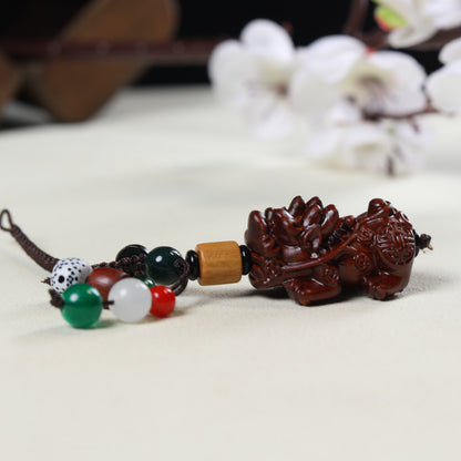 Hand-Carved Red Sandalwood Pixiu Keychain - Wooden Carving Bag Charm