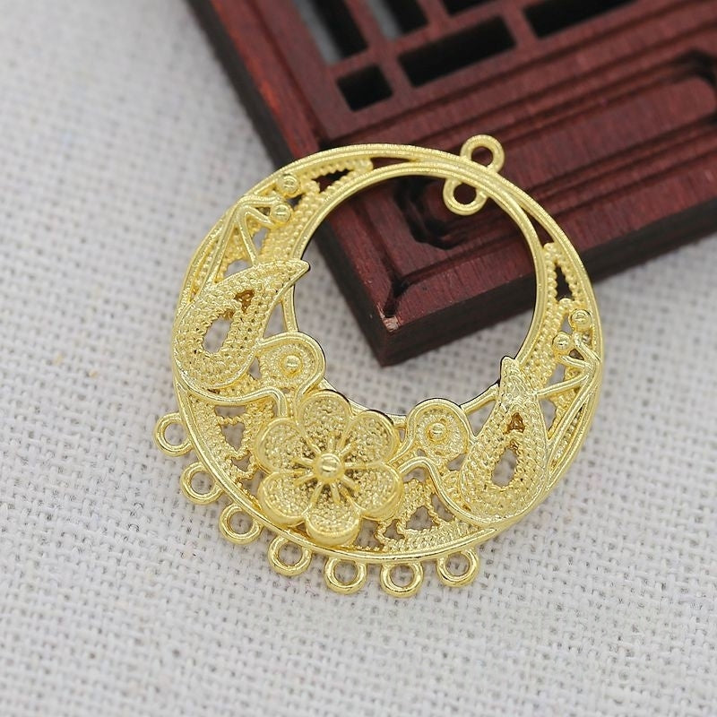 Tarnish Resistant 24K Gold Plated Brass Filigree Flower Pendant – 28x32mm Multi-Hole Connector Charm for DIY Earrings or Necklace Making
