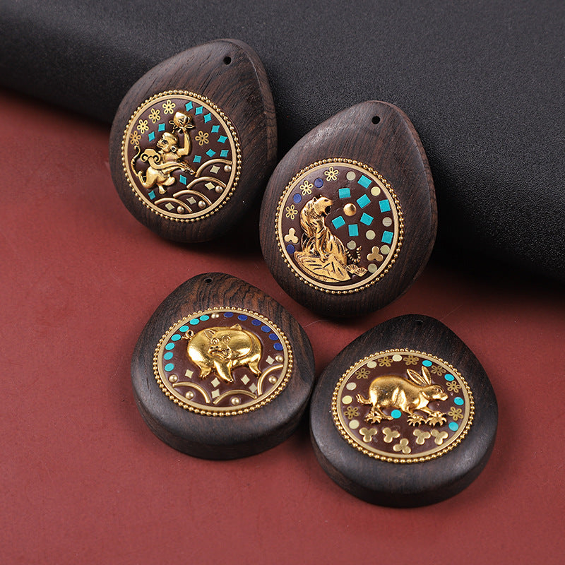 Handmade Black Sandalwood Zodiac Pendant - Nepalese Thangka Water Drop Design - Ethnic Necklace & Keychain Accessory