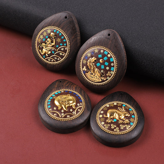 Handmade Black Sandalwood Zodiac Pendant - Nepalese Thangka Water Drop Design - Ethnic Necklace & Keychain Accessory