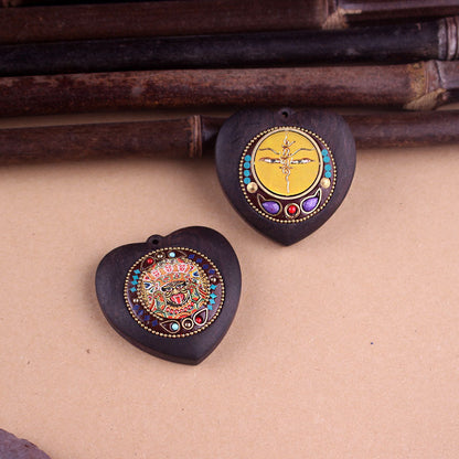 Heart-Shaped Yellow Jambhala Buddha Pendant - Tibetan Nepalese Thangka Wealth Eye Peace Token