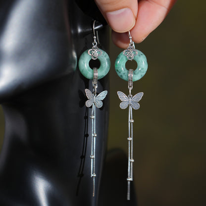 Myanmar Donut Jadeite Earring, S925 Butterfly Earring, Retro Tassels Earring, Gift for Her