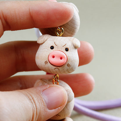 Wood Cute Cartoon Pig Wooden Keychain, Lucky Charm Bag Pendant, Creative Car Hanging Ornament, Friendship Gift for Girls