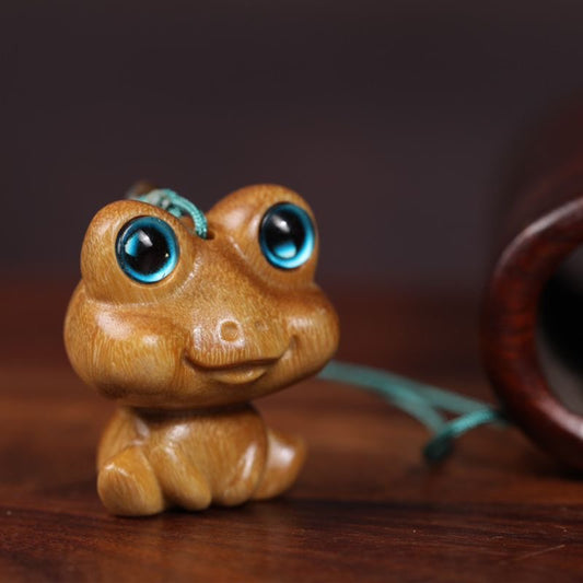 Sandalwood Carved Frog Phone Charm, Handcrafted Wooden Frog Pendant, Handmade Wood Keychain, Lucky Animal Totem Gift