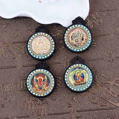 Nepalese Elephant Lotus Buddha Pendant - Round Black Sandalwood Thousand-Handed Guanyin Protection Token