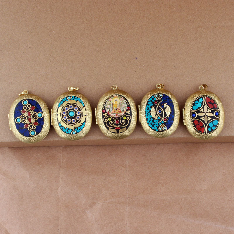 Nepali Buddha Inlay Craft Brass Gau Pendant - Handmade Buddhist Sacred Locket Jewelry