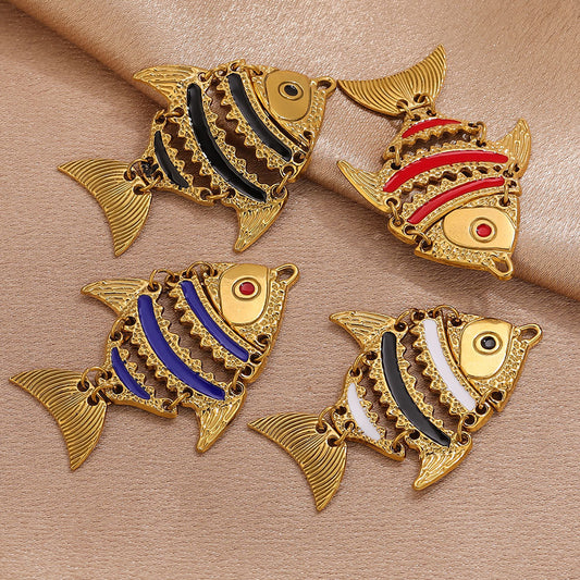 Moving Fish Design Gold-Plated Hollow Stainless Steel Pendants, Enameled Ocean Fish Series Charms for Necklace Making, Handmade Jewelry Accessories