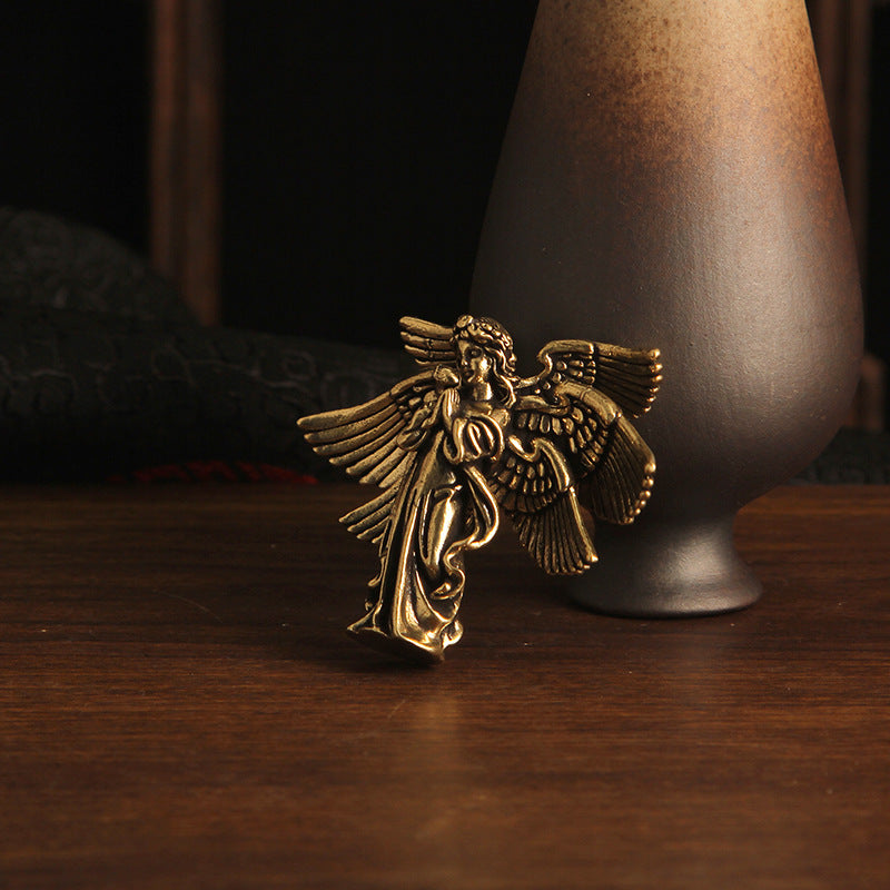 Brass Seraph Angel Figurine - Vintage Style Small Copper Artwork, Ideal Desk Decor for Angel Collectors