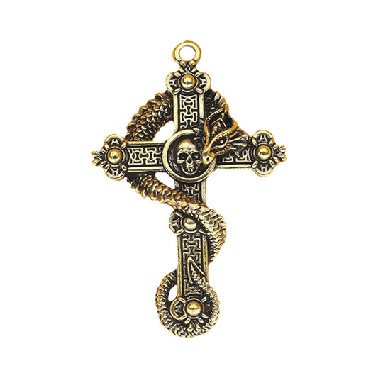 Vintage Brass Cross Dragon & Skull Pendant, Retro Coiled Dragon Skeleton Charm, Antique Brass Keychain or Pendant, Gothic Jewelry Decor