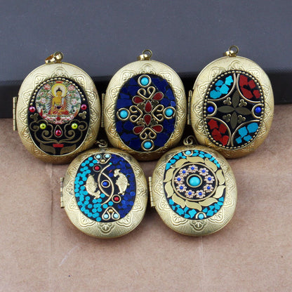 Nepali Buddha Inlay Craft Brass Gau Pendant - Handmade Buddhist Sacred Locket Jewelry