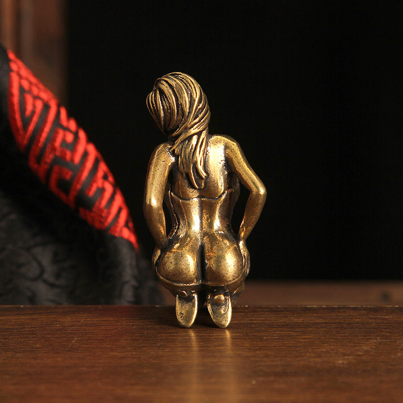 Retro Brass Sexy Lady Ornament - Unique Black Silk Beauty Statue, Fun Home Copper Craft Decoration