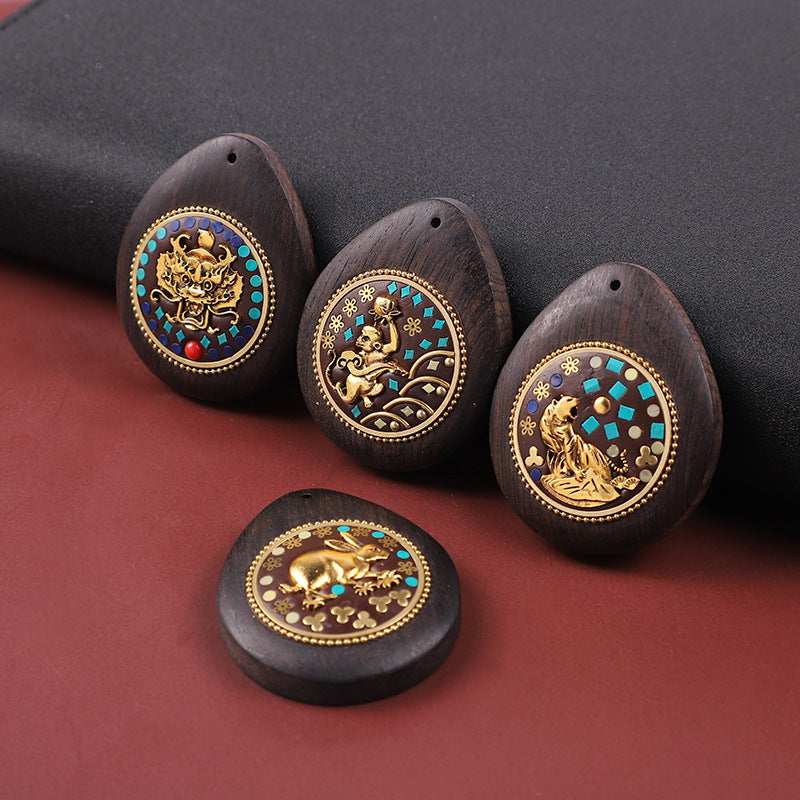Handmade Black Sandalwood Zodiac Pendant - Nepalese Thangka Water Drop Design - Ethnic Necklace & Keychain Accessory