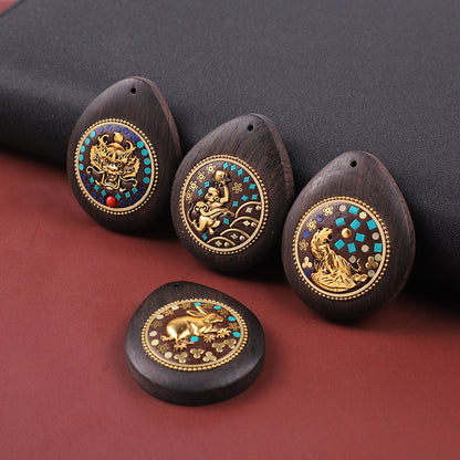 Handmade Black Sandalwood Zodiac Pendant - Nepalese Thangka Water Drop Design - Ethnic Necklace & Keychain Accessory
