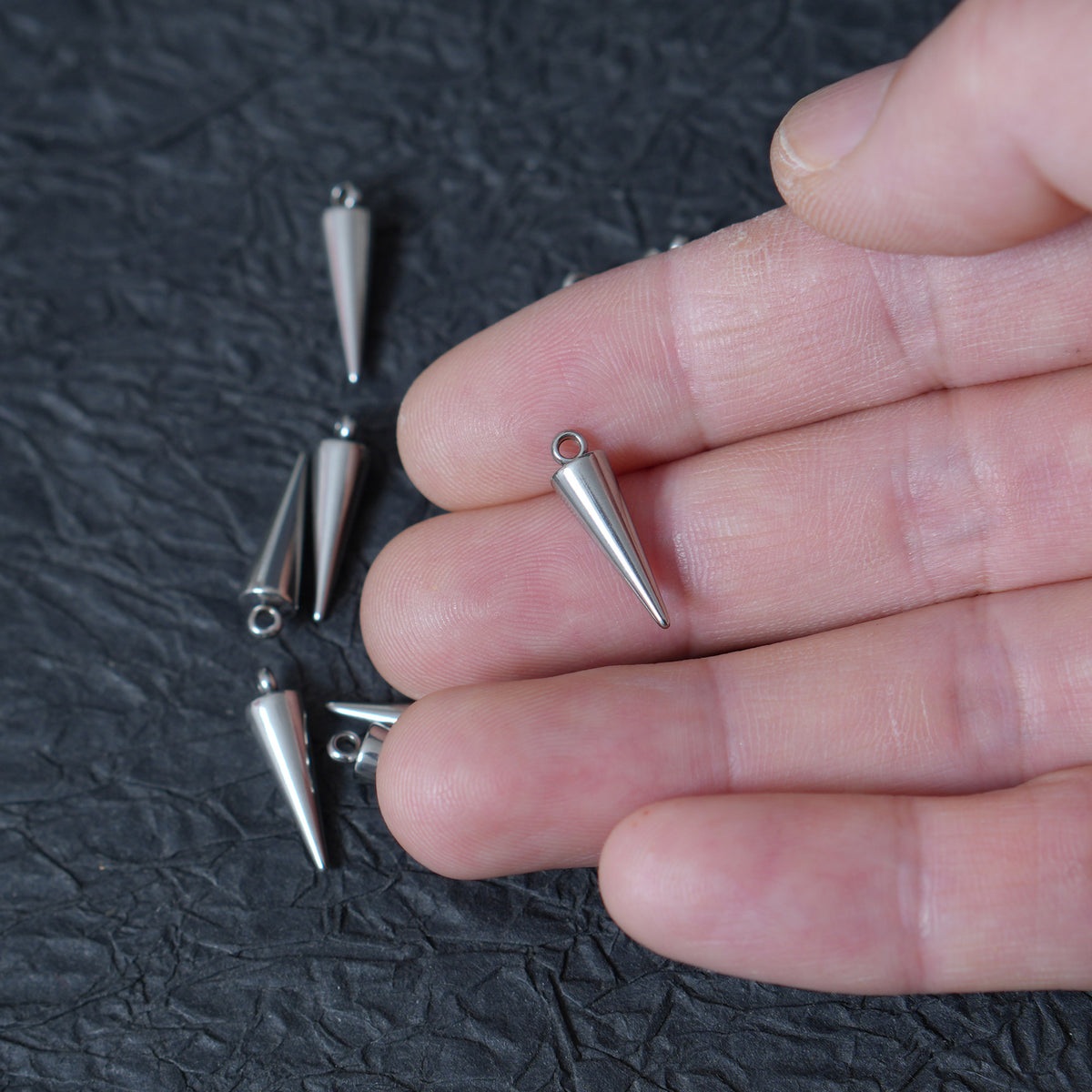 10PCS 5x17mm Stainless Steel Cone Spike Charms, Tiny Taper Pendant for DIY Jewelry Making