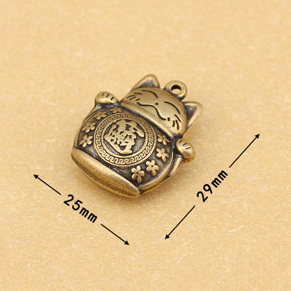 Vintage Brass Lucky Cat Pendant, Retro Maneki Neko Charm, Antique Brass Fortune Cat Jewelry Making Supplies, Feng Shui Cat Pendant