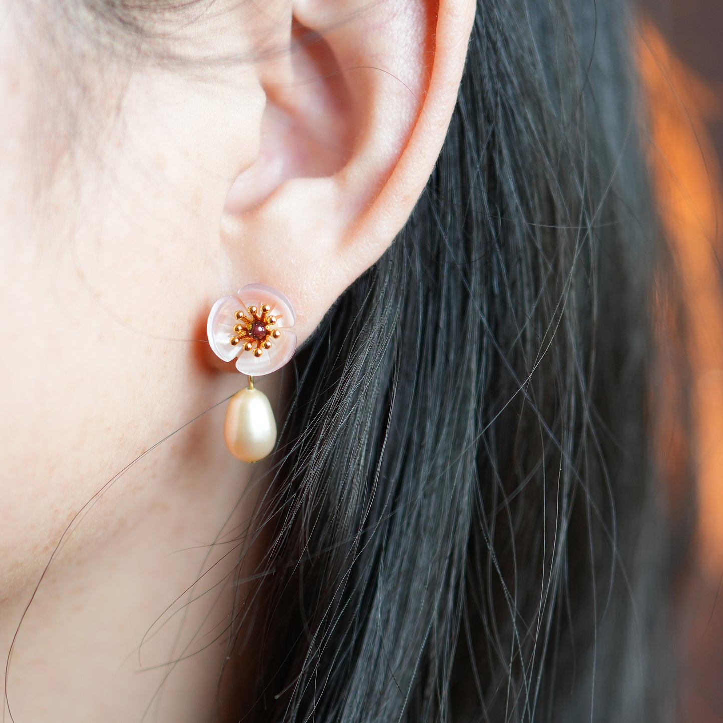 Natural Mother of Pearl Flower with Pearl Dangle Drop Earrings, Gold Plated S925 Sterling Silver Pearl Stud Earring, Mother's Day Gift