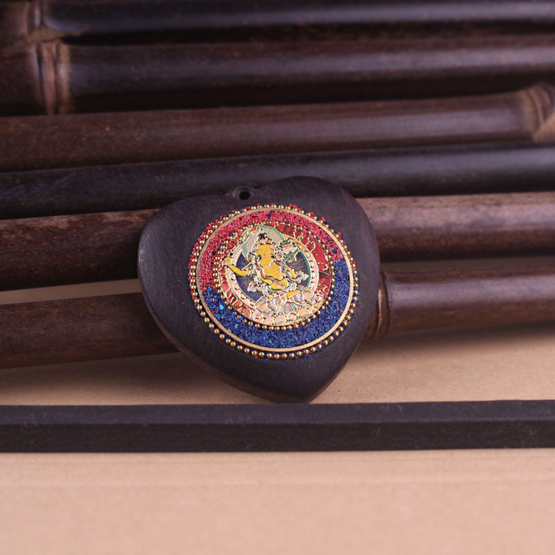 Heart-Shaped Yellow Jambhala Buddha Pendant - Tibetan Nepalese Thangka Wealth Eye Peace Token