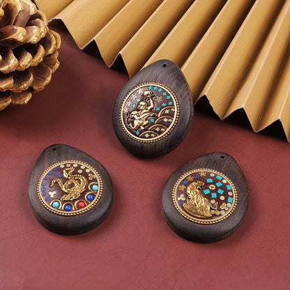 Handmade Black Sandalwood Zodiac Pendant - Nepalese Thangka Water Drop Design - Ethnic Necklace & Keychain Accessory