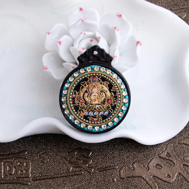 Nepalese Elephant Lotus Buddha Pendant - Round Black Sandalwood Thousand-Handed Guanyin Protection Token