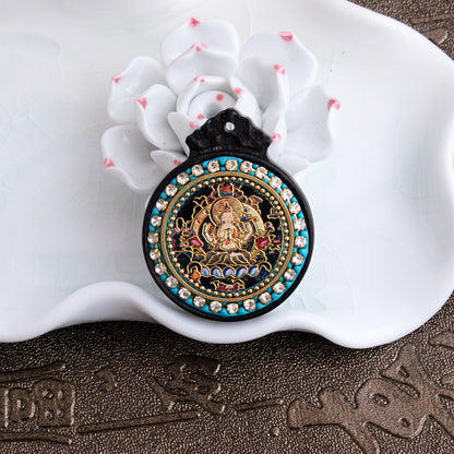 Nepalese Elephant Lotus Buddha Pendant - Round Black Sandalwood Thousand-Handed Guanyin Protection Token