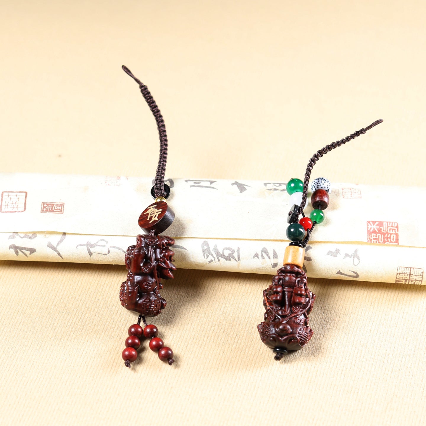 Hand-Carved Red Sandalwood Pixiu Keychain - Wooden Carving Bag Charm