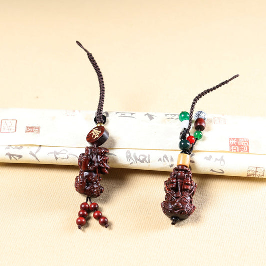 Hand-Carved Red Sandalwood Pixiu Keychain - Wooden Carving Bag Charm